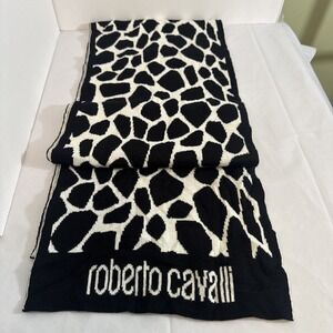 Roberto Cavalli Logo Animal Print Wool Blend Knit Scarf Black & White 73" NWOT